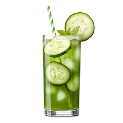 Refreshing cucumber drink with ice cubes, a mint sprig, and a striped straw in a tall glass. A sliced cucumber garnishes the rim