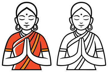 Two young Indian women pose in prayer with traditional dress in form