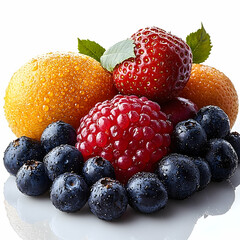 Fresh berries and citrus fruits composition with vivid colors and healthy theme