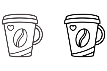 Two black line art coffee cups display bean and heart detail on white