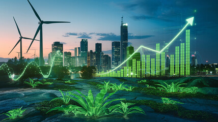 Night cityscape with wind turbines, plants, and superimposed growth chart, symbolizing sustainable development and economic progress in a green city