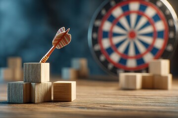 Close-Up of Dartboard and Wooden Blocks Illustrating Business Planning on Wooden Table