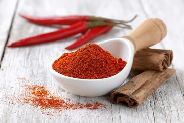 Vibrant Red Chili Powder with Whole Red Pepper in Wooden Scoop on Rustic White and Wood Background