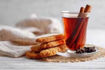 Relaxing Tea Moment with Cinnamon Sticks Biscuits Cloves and Glass of Tea on Wooden Tabletop