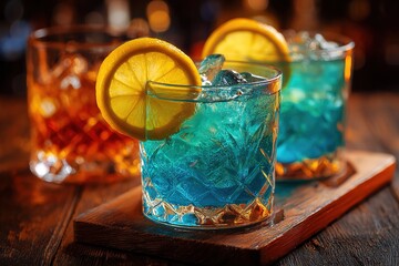 Close-Up of Blue Lagoon Cocktail Glass Decorated with Lemon and Whiskey Cocktail on Wooden Stand

