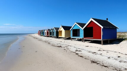 A series of colorful beach huts along a sandy shore