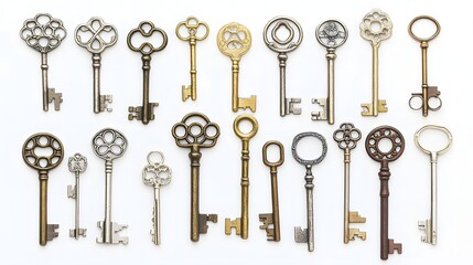 Collection of antique keys arranged on a white surface.