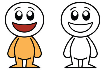 Two friendly cartoon characters, one is colored and one is monochrome outlined, smile joyfully