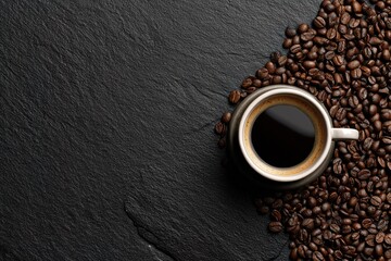 Freshly Brewed Coffee and Whole Coffee Beans on a Dark Black Wall Surface