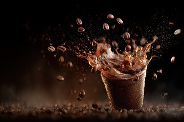 Energetic Coffee Splash and Beans in Motion Highlighted on a Black Background