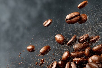 Dynamic Coffee Splashes with Falling Roasted Coffee Beans on a Dark Background