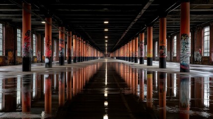 Fototapeta premium An abandoned industrial warehouse with graffiti