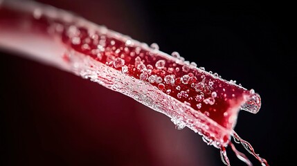Close-up view of a crimson tube with water droplets and bubbles.