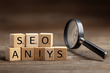 Conceptual SEO Analysis and Business Strategy with Wooden Blocks and Magnifying Glass