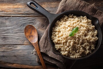 Wholesome Quinoa Grain Cooked Perfectly in Cast Iron Pan on Rustic Wooden Table