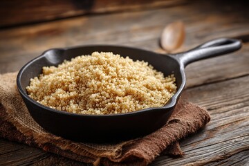Healthy Quinoa Grain Prepared in a Cast Iron Skillet on Rustic Farmhouse Table
