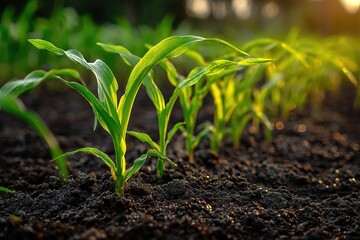 Fresh Green Corn Seedlings Growing Strong in an Expansive Agricultural Field
