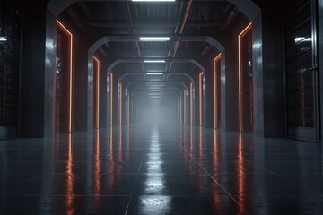Cyberpunk Style Corridor Inside an Old Building Repurposed for Futuristic Research