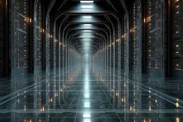 Futuristic Corridor in an Ancient Building Transformed into a Modern Cyber Laboratory
