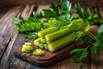 Clean Eating Ingredients Featuring Celery Sticks and Leaves on a Wooden Tabletop