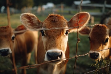 Brown Jersey Cattle in a Peaceful Rural Setting with Vibrant Green Fields and Countryside Charm

