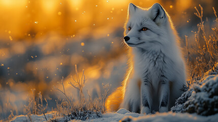 Arctic fox standing in snowy landscape beneath vibrant aurora borealis, snowflakes suspended in mid-air, representing northern wildlife, polar nature, and dramatic high-definition