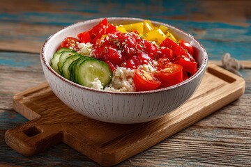 Healthy Vegetarian Salad Recipe with Fresh Tomatoes Cucumber Sweet Peppers and Nutritious Porridge for a Balanced Meal

