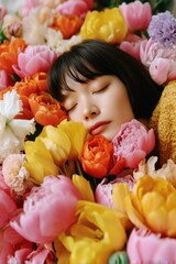 Peaceful Woman Resting in Colorful Flowers – International Self Care Day