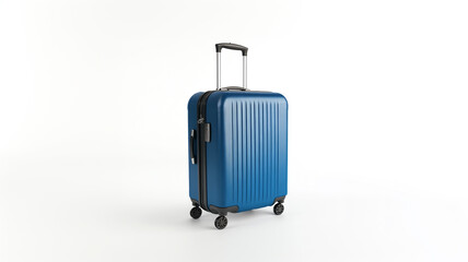 blue wheeled travel suitcase isolated on a white background.