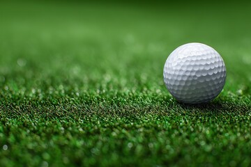 Obraz premium Golf ball positioned on fresh green grass captured in vivid detail for sports marketing and banners
