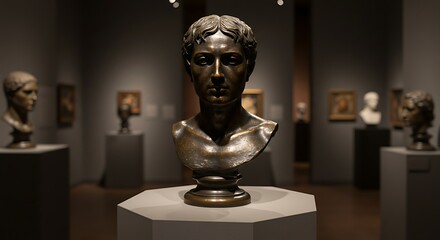 Bronze bust portrait in museum setting with soft lighting and bl