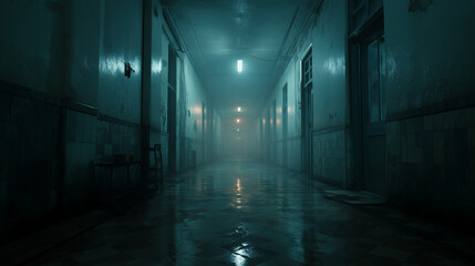 eerie abandoned hallway with flickering lights, broken tiles and peeling walls, ominous shadowy figure barely visible at the end