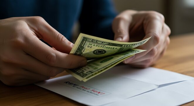Counting hundred dollar bills over a rent payment envelope on a