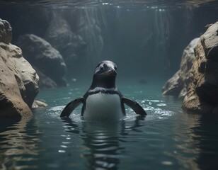 Humboldt penguin swimming underwater amongst rocks,  seabed,  animal portrait