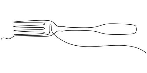 Silverware Continuous Line Icon, Cuisine continuous line drawing with color shapes, Cutlery Continuous Line Illustration, Fork and spoon icon vector, Black and White kitchen stainless steel spoon.