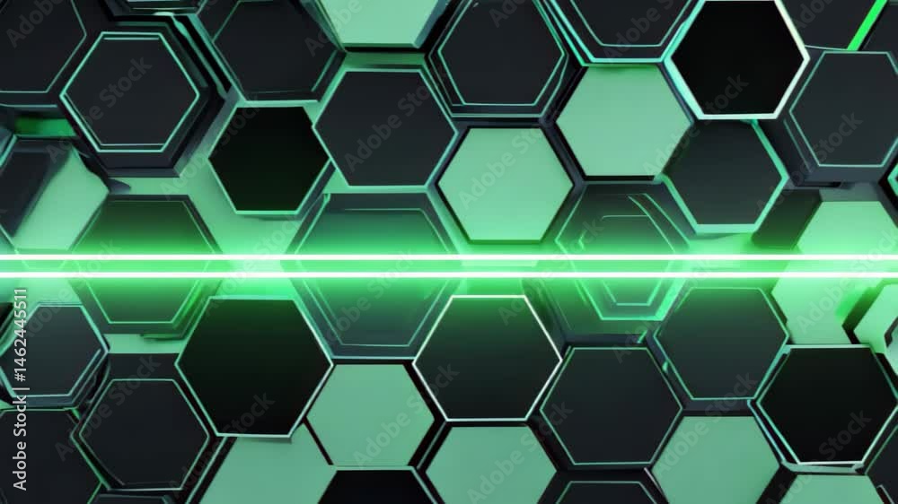 Poster dynamic black hexagonal pattern background with neon green light stripe for tech innovation