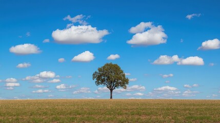 Solitary Tree under a Vast Blue Sky: A Serene Landscape