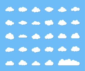 Minimal Vector Cloud Icon Set Flat cartoon style clean cloud on blue background