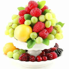 Fresh fruit arrangement with grapes and berries on white background