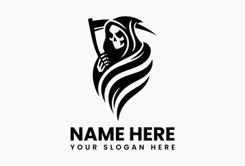 Vintage grim reaper illustration in black and white vector logo with detailed cloak and scythe, symbolizing mortality, power, and gothic horror with classic style  