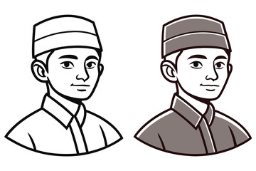 An Indonesian boy smiles wearing a traditional Muslim hat, featured in black line art style