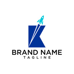 The dark blue letter K with a small rocket indicates forward direction and professionalism. Suitable for corporations, software houses, or professional services.