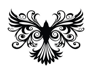 Stylized bird with floral swirls, decorative black and white avian vector on a white background