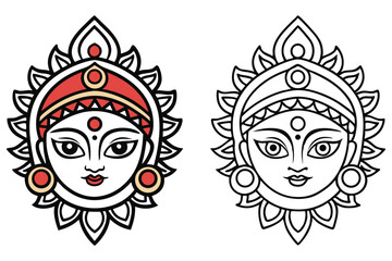 Detailed face of the Indian goddess Durga is showcased in color and monochrome