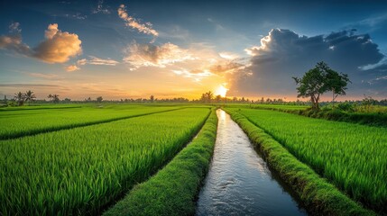 Serene Sunset over Lush Rice Paddies