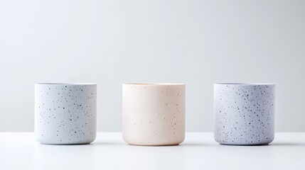 Three minimalist ceramic pots with speckled textures arranged in a row on a clean white surface, and modern home decor concept.