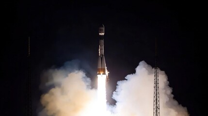 Rocket launch into the night sky at high altitude.