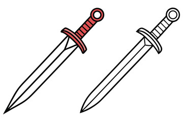 Outlined simple cartoon swords, one with a red handle, isolated on a white background