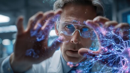 Focused researcher interacts with holographic neural network.