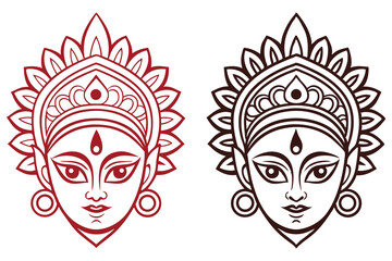 Durga's divine face with an elaborate headdress is depicted in two color variations